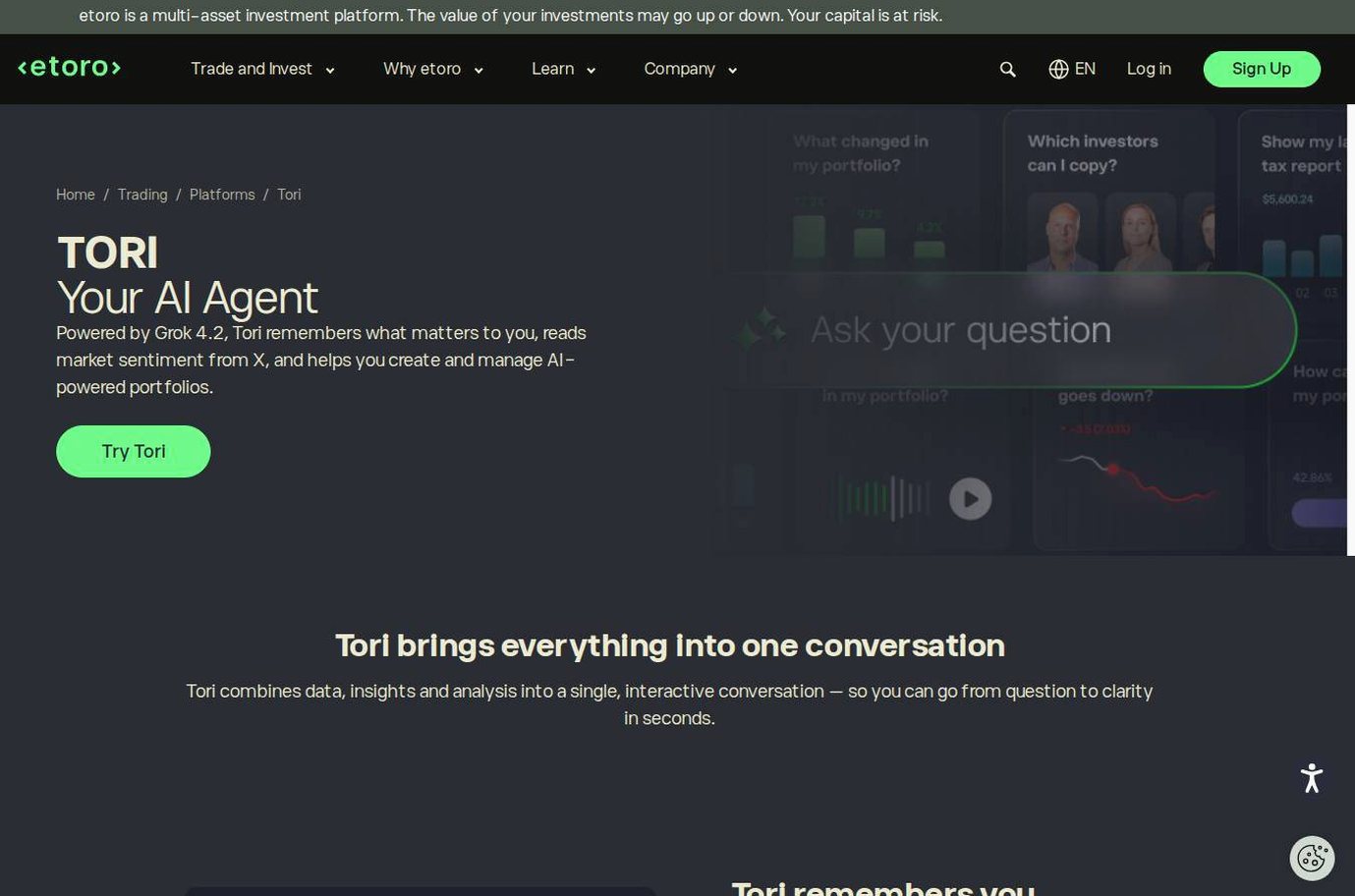 The platform page on the eToro website