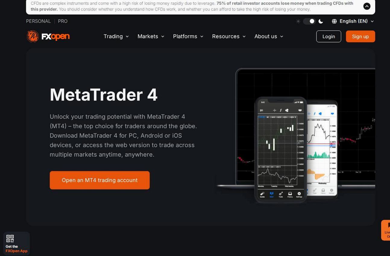 The platform page on the FXOpen website