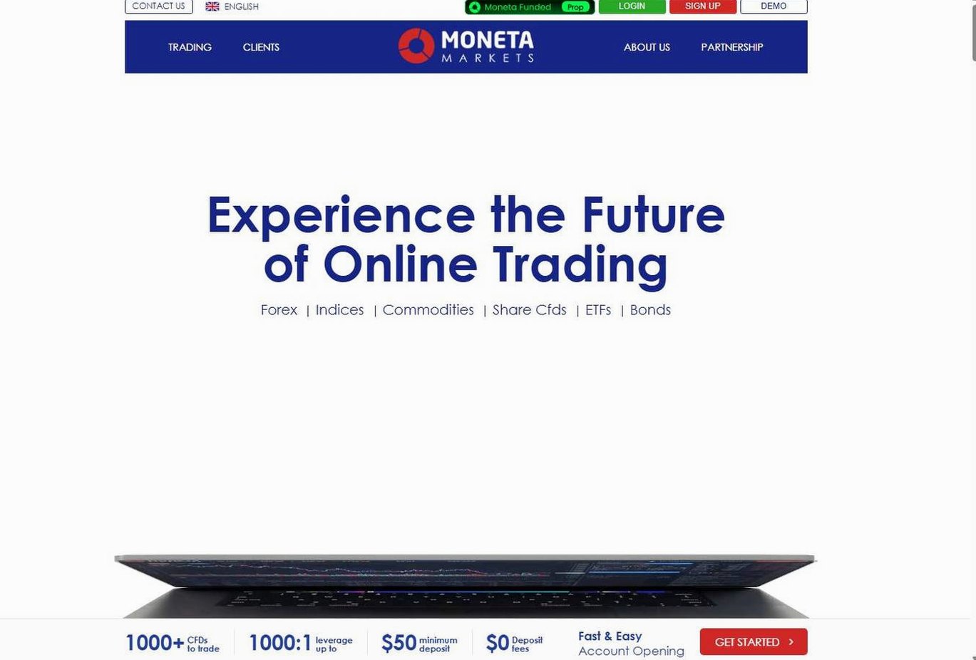Screenshot of the Moneta Markets website