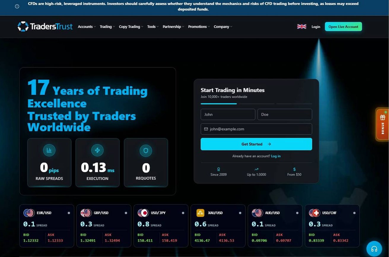 Screenshot of the Traders Trust website