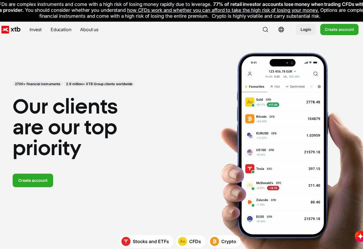 Screenshot of the XTB website